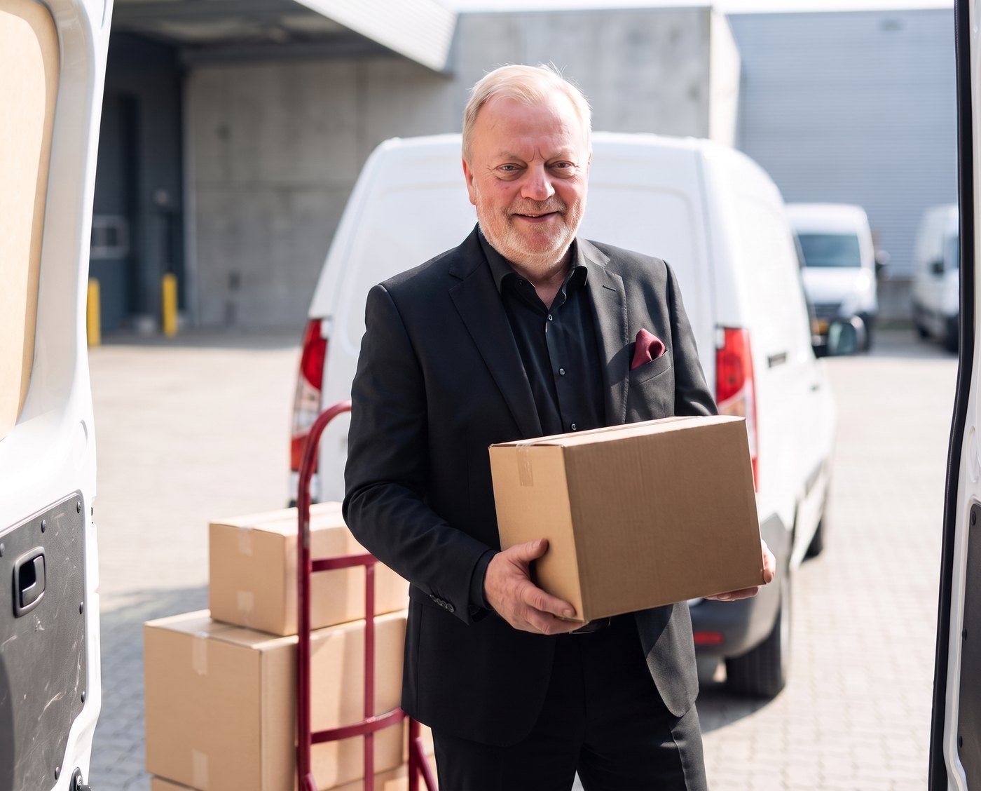 Günther liefert persönlich aus und lädt Kartons aus dem Lieferwagen